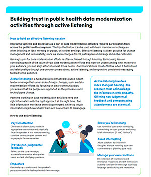 Thumbnail of resource titled Building trust in public health data modernizatoin activities through active listening